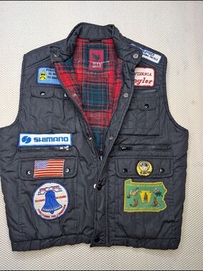 Vintage Buzzard Bay Men's M Plaid Line Insulated Outdoor Fishing Vest W/Patches
